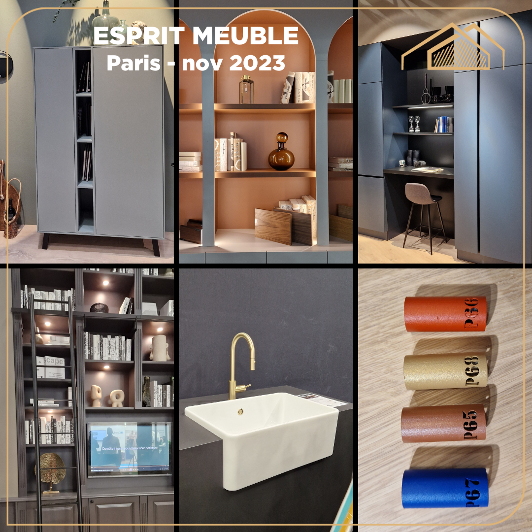 Salon professionnel Esprit Meuble à paris en novembre 2023. Photographies d'une bibliothèque, meubles séjour, rangements, évier timbre d'office et nouveaux coloris en métallerie